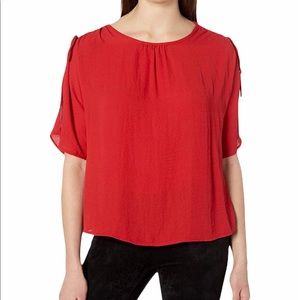 Vince Camuto Red Split Sleeve Blouse Size Large Keyhole Back Ruching NWT